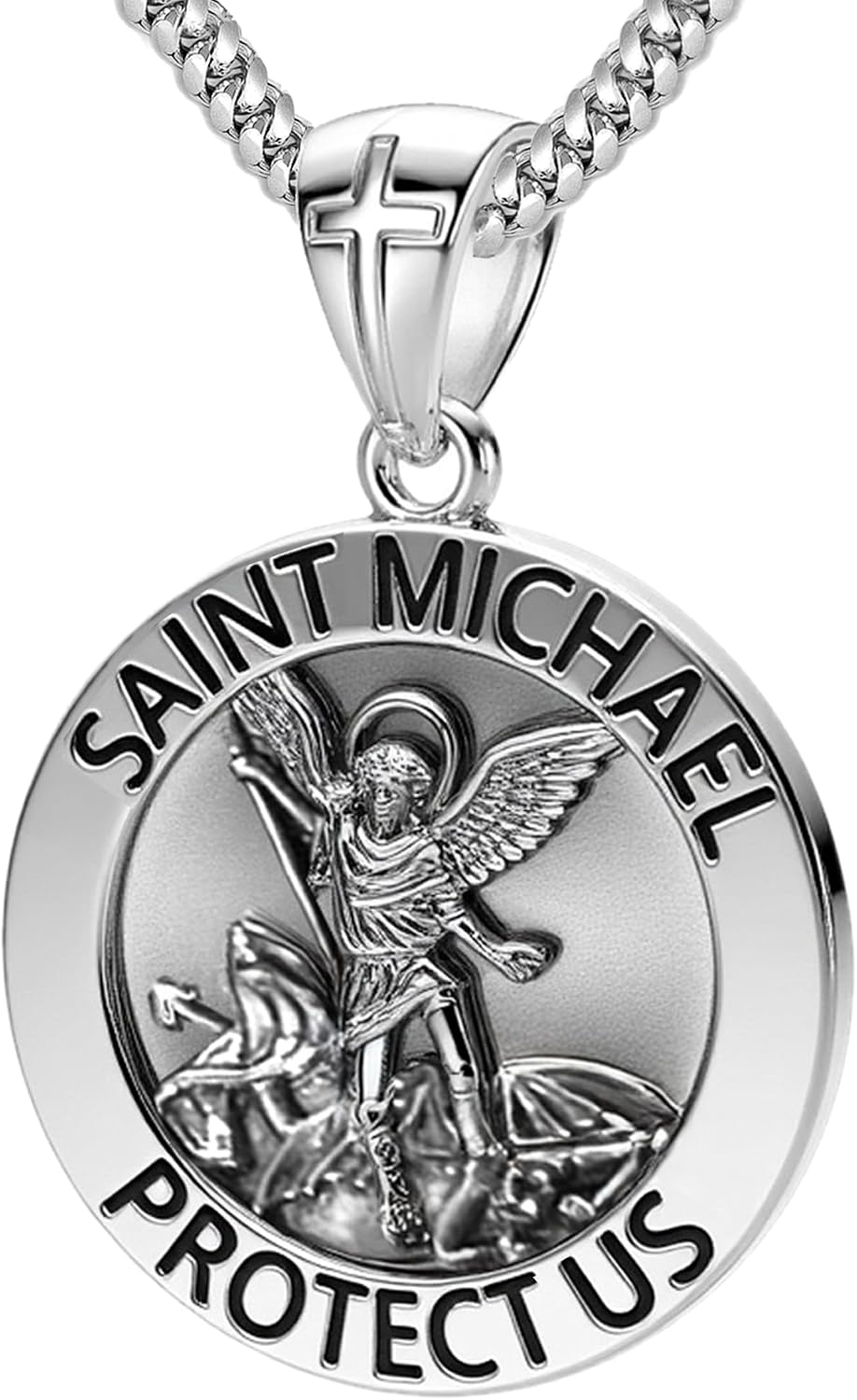 US Jewels Men's 925 Sterling silver 33mm Saint Michael Medal Antique Finish Round Pendant Necklace, 22in to 26in