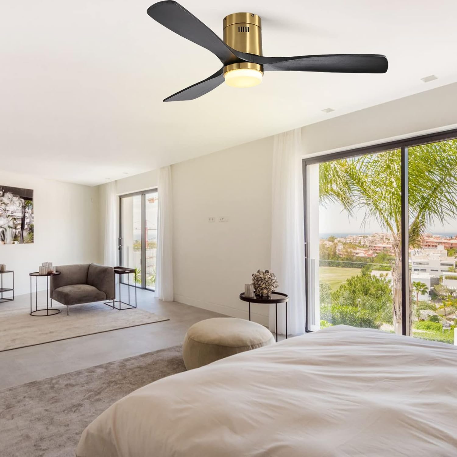 Sofucor 52 Inch Low Profile Ceiling Fan with Light, Solid Wood 3 Blades with Remote Outdoor Ceiling Fan with Light, Dimmable Light, 6-Speed, Timer, Reversible DC Motor for Living Room Bedroom