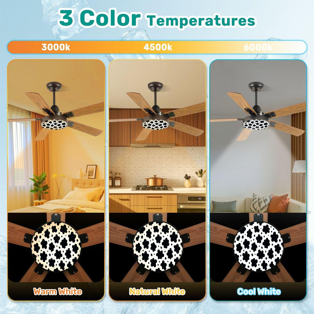 Modern Ceiling Fans with Lights Remote, Black White Cow Print seamless from Country Sunflower Collection 42 Inch Ceiling Fan for Bedroom Living Room Farmhouse, 6 Speed Reversible Quiet Motor