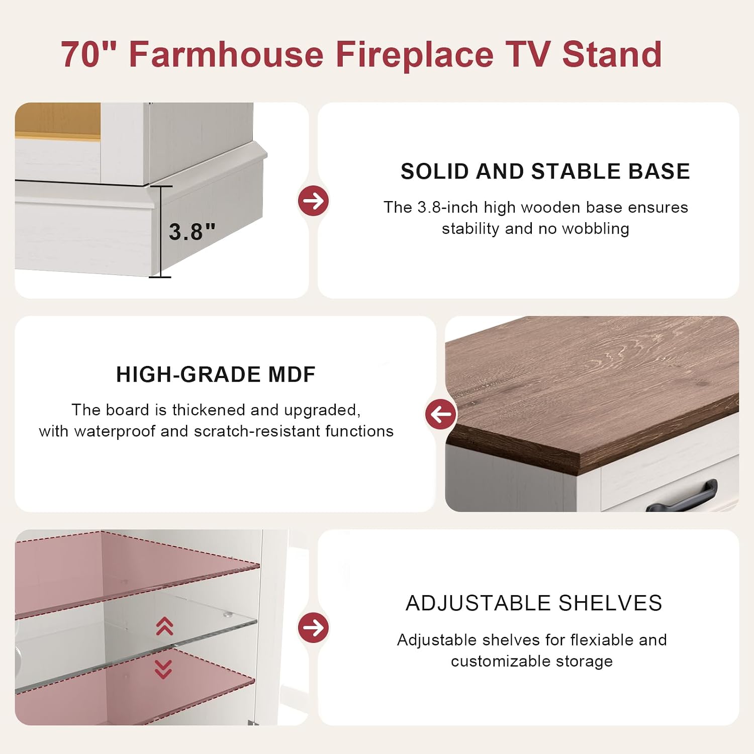 MXV 70' Fireplace TV Stand, 3-Sided Glass Fireplace and Modern Entertainment Center, Wooden Media Console with Glass Doors & Storage Drawers, LED Light, for Living Room, Antique White