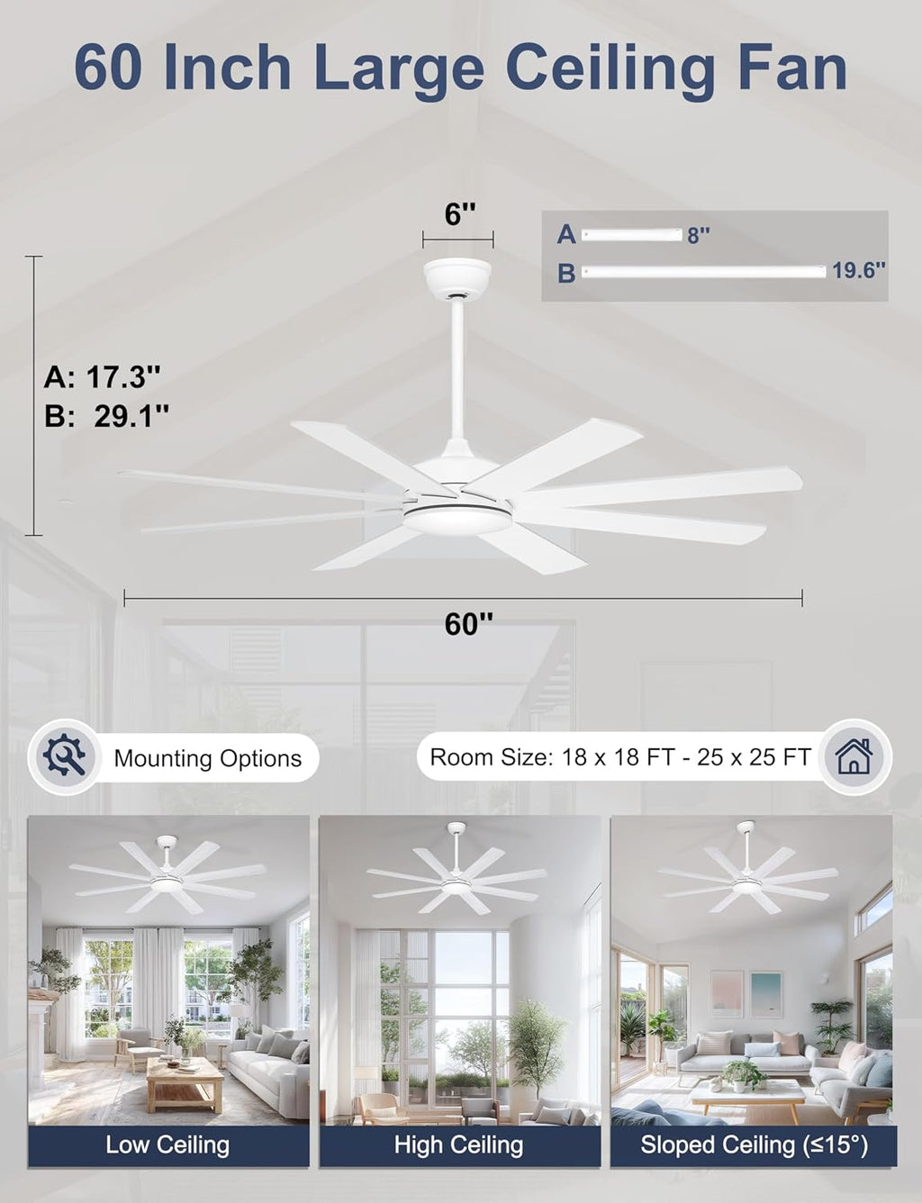 60 Inch Ceiling Fans Without Lights - 8 Blades White Ceiling Fan Remote/APP Control, Reversible Garage Ceiling Fan for Shop Living Rooms