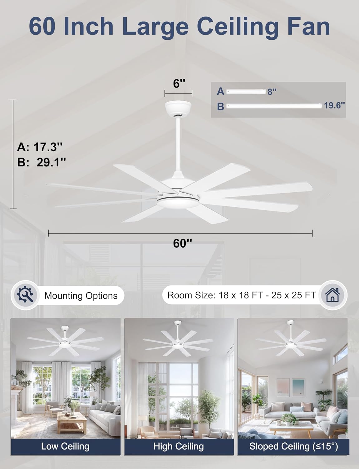 60 Inch Ceiling Fans Without Lights - 8 Blades White Ceiling Fan Remote/APP Control, Reversible Garage Ceiling Fan for Shop Living Rooms