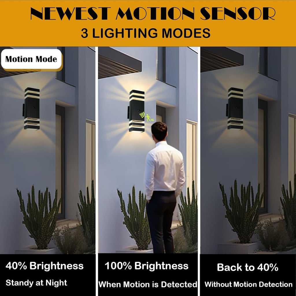 iYogaled Dusk to Dawn Motion Sensor Porch Light with 3 Lighting Modes, Waterproof Up Down Wall Sconce with Adjustable Bulbs, Aluminum Exterior Light Fixtures for Entryway, Patio, Garage,ETL Listed