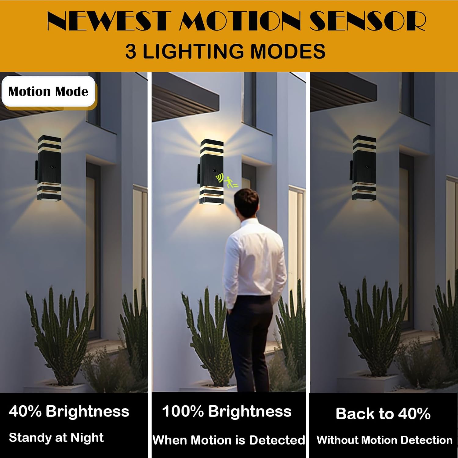 iYogaled Dusk to Dawn Motion Sensor Porch Light with 3 Lighting Modes, Waterproof Up Down Wall Sconce with Adjustable Bulbs, Aluminum Exterior Light Fixtures for Entryway, Patio, Garage,ETL Listed