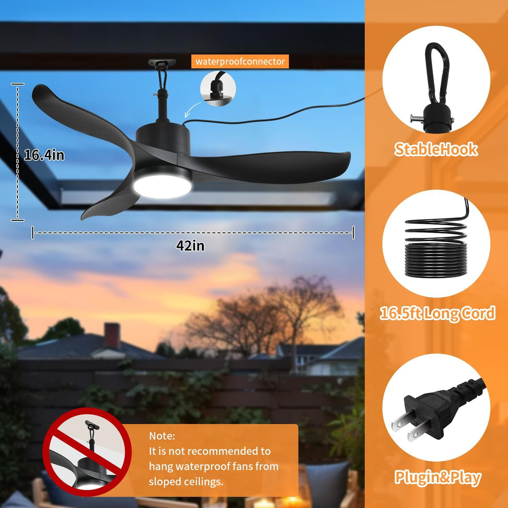 42 Inch Outdoor Ceiling Fan with Light, Plug In Waterproof Black Ceiling Fan for Patio Gazebo Pergola, Hanging Fan with Hook, Remote Control, 6-Speed Fan & Dimmable LED