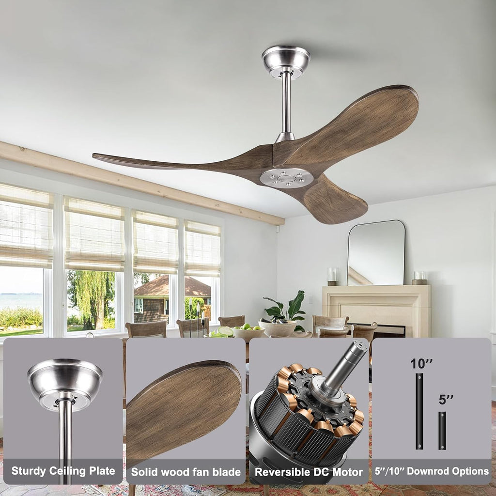 42 Inch Solid Wood Ceiling Fan with Remote,Outdoor Ceiling Fan no Light,6 Speeds,Noiseless,Reversible DC Motor,Modern Ceiling Fans without Lights for Bedroom Farmhouse Patios Study Brushed Nickel