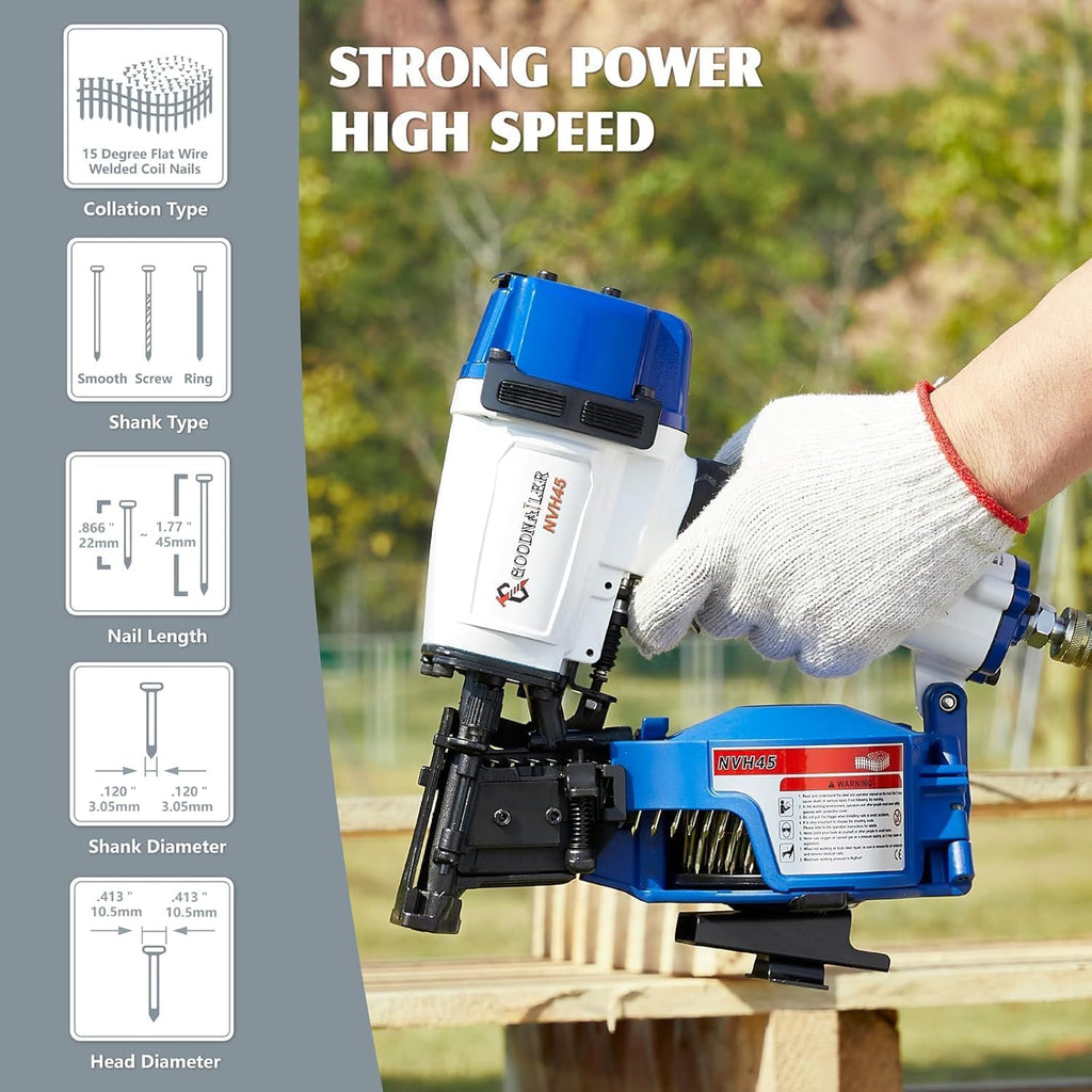 NVH45 Roofing Nail Gun, 15 Degree Roofing Nailer with 7/8-Inch to 1-3/4-Inch Nail Compatibility, 3/8 NPT Air Connector, 120-Pcs Load Capacity for Roofing Constructions（Navy Blue）