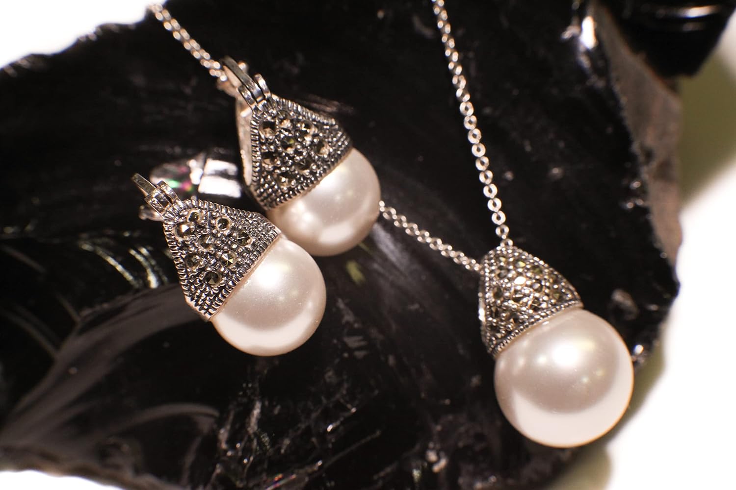 925 Sterling Silver Marcasite with Pearl 14mm Pendant, Earrings Set, Sterling Silver Chain Necklace Jewelry Set