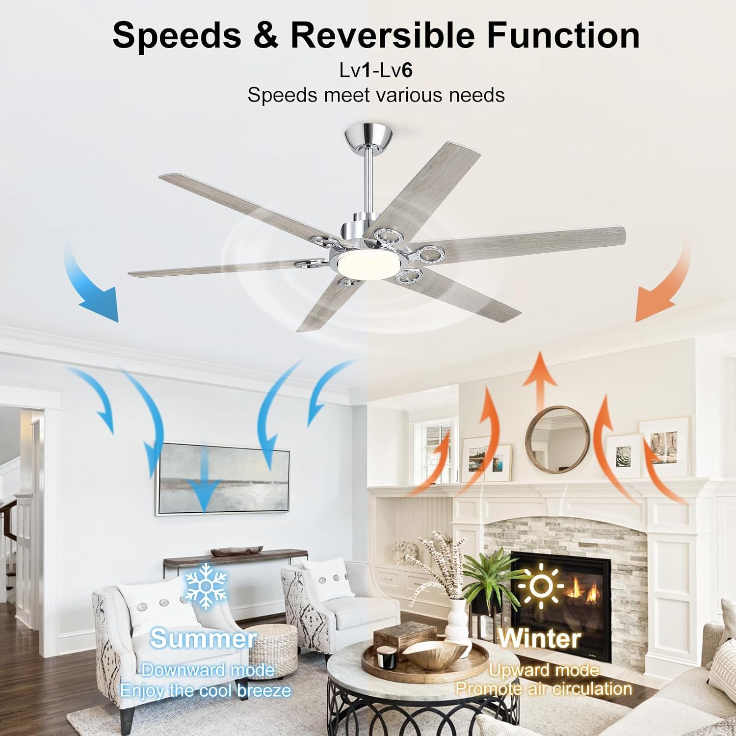 WINGBO Ceiling Fan with Lights - 64 inch Ceiling Fan with Remote,3CCT, Dimmable Light,6 Blades Modern Ceiling Fan, 6-Speed Noiseless Powerful DC Motor, ETL Listed, Indoor/Outdoor, Chromium + Grey