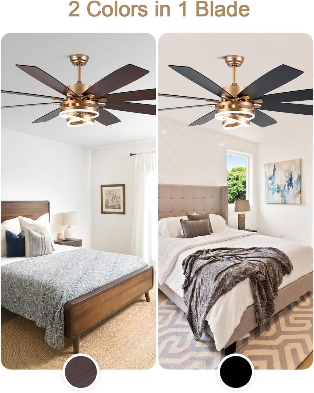 72 Inch Black and Gold Ceiling Fan with Lights and Remote Modern Fandelier Ceiling Fan Large Chandelier LED Light, Reversible DC Motor 3CCT Dimmable 6 Speed for Living Room Indoor Outdoor