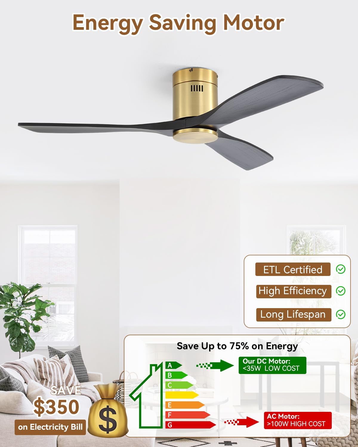 Sofucor 52' Solid Wood Low Profile Flush Mount Ceiling Fan No Light, Outdoor Modern Ceiling Fan without Light works with Alexa/Google/App6-Speed, 3-Timer, Reversible DC Motor for Living Room Bedroom