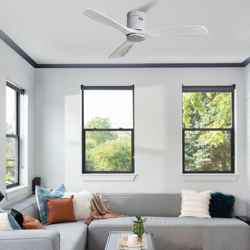 Sofucor 52 Inch Solid Wood Low Profile Flush Mount Ceiling Fan No Light, Outdoor Modern Ceiling Fan without Light 6-Speed, 3-Timer, Reversible DC Motor for Living Room Bedroom