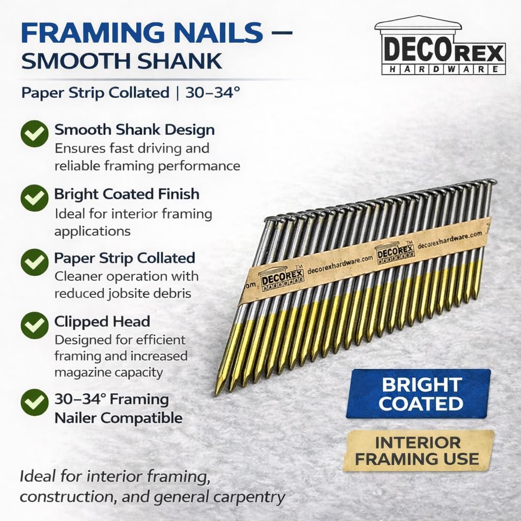 3-1/2 Inch Framing Nails – .131 Smooth Shank Paper Strip Collated, Clipped Head Nails for 30–34° Framing Nail Gun, Bright Coated, 2,500 Count