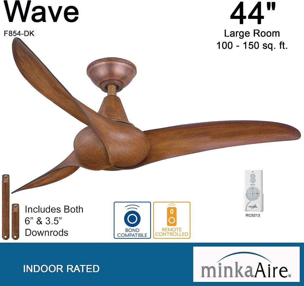 MINKA-AIRE F854-DK Wave 44' Ceiling Fan in Distressed Koa Finish with Remote and Additional 3.5' Downrod
