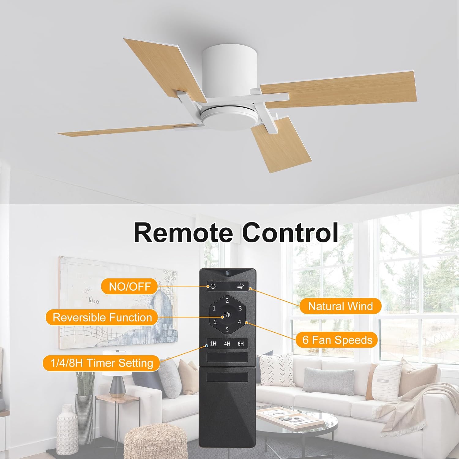 WINGBO 48 Inch Flush Mount Ceiling Fan without Light - 4 Plywood Blades, 6-Speed Reversible DC Motor, Noiseless Low Profile Ceiling Fan No Light for Bedroom Living Room, White and Oak/White