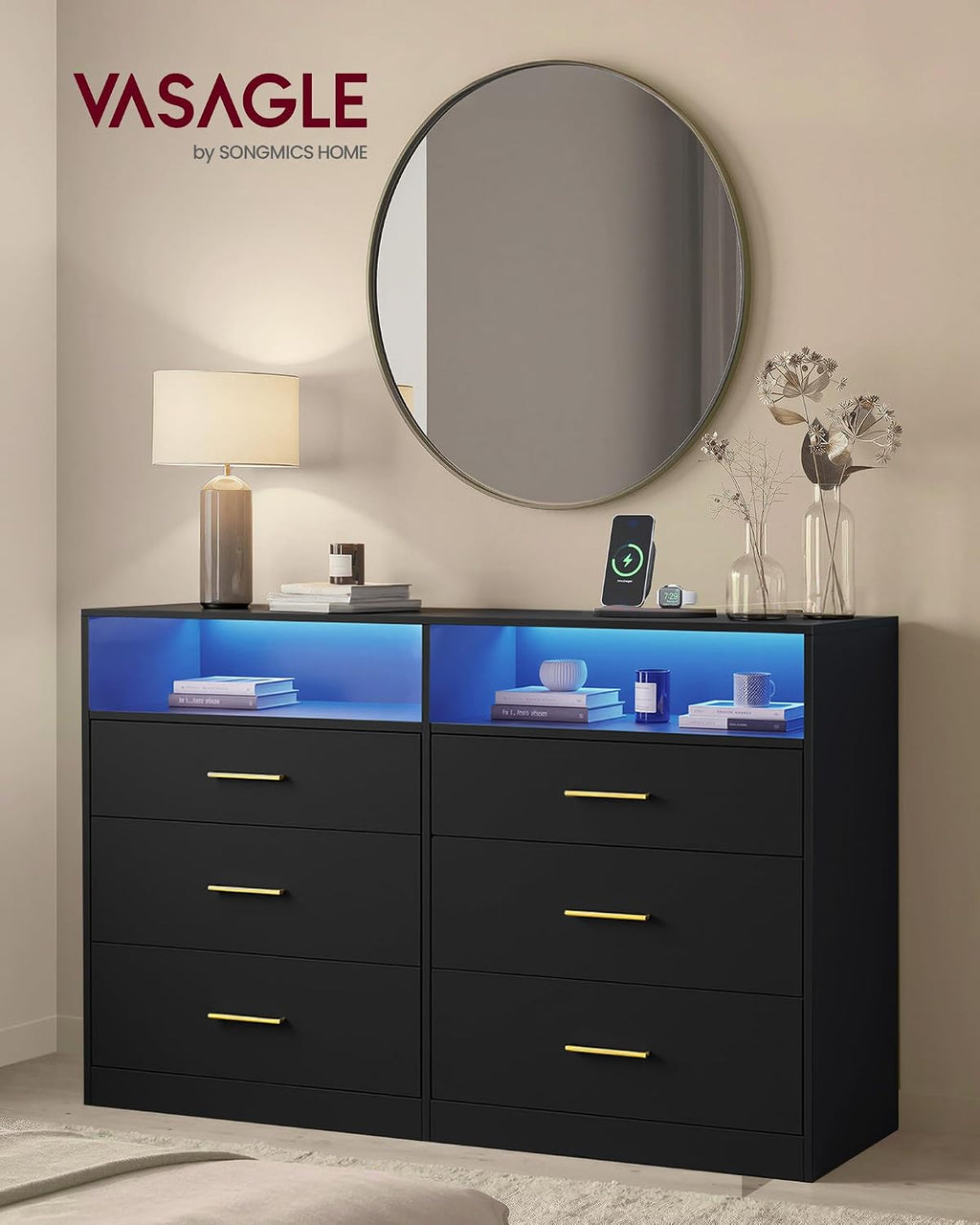 VASAGLE Custos Collection - Dresser for Bedroom, with LED Lights and Power Strip, Chest of Drawers, Modern, TV Stand for Living Room, 6 Drawers, 15.8 x 46.9 x 32 Inches, Ink Black ULTS316BC01S