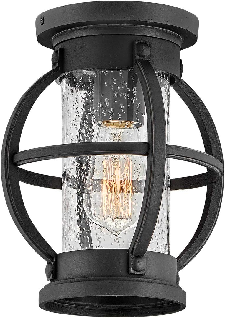 Hinkley Chatham Single Light Flush Mount Outdoor Ceiling Light, Composite, Clear Seedy Glass, Anti-Fading Finish, Coastal Style, Museum Black Finish