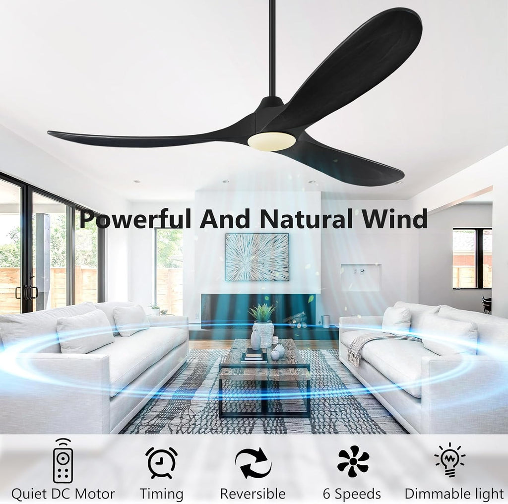 ABZ 52 Inch Ceiling Fans with Lights and Remote Control, Wood Outdoor Ceiling Fan with light 3 Blades Propeller Black Ceiling Fan for Indoor Patios Bedroom Garage ETL Listed, Matte Black
