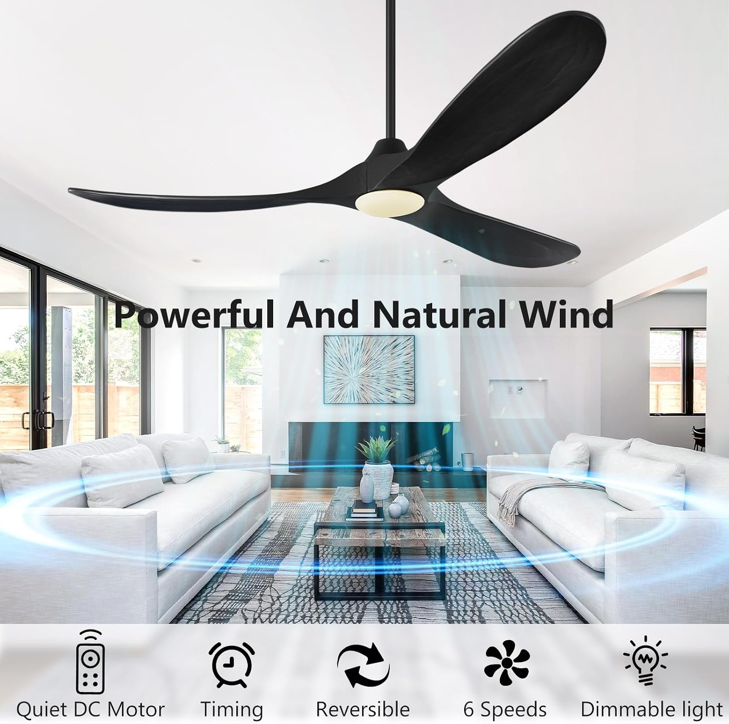 ABZ 52 Inch Ceiling Fans with Lights and Remote Control, Wood Outdoor Ceiling Fan with light 3 Blades Propeller Black Ceiling Fan for Indoor Patios Bedroom Garage ETL Listed, Matte Black