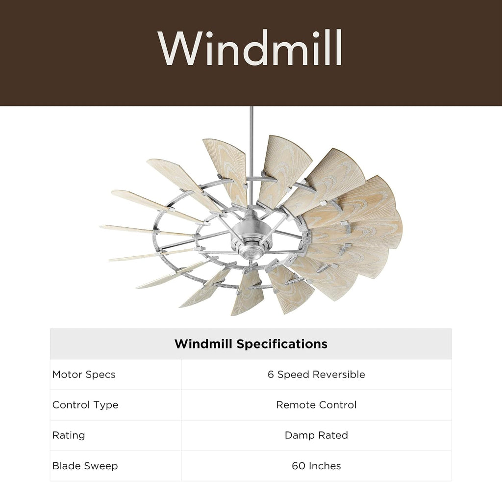 Quorum 196015-9 Windmill 60 Inch Ceiling Fan | 15 Blade Wagon Wheel Design | 6 Speed Reversible DC Motor | Remote Control Included | Damp Rated Fan | Weathered Oak Blades | Galvanized Finish
