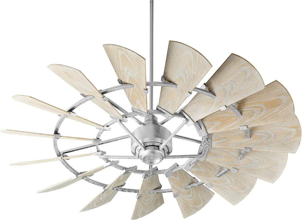 Quorum 196015-9 Windmill 60 Inch Ceiling Fan | 15 Blade Wagon Wheel Design | 6 Speed Reversible DC Motor | Remote Control Included | Damp Rated Fan | Weathered Oak Blades | Galvanized Finish