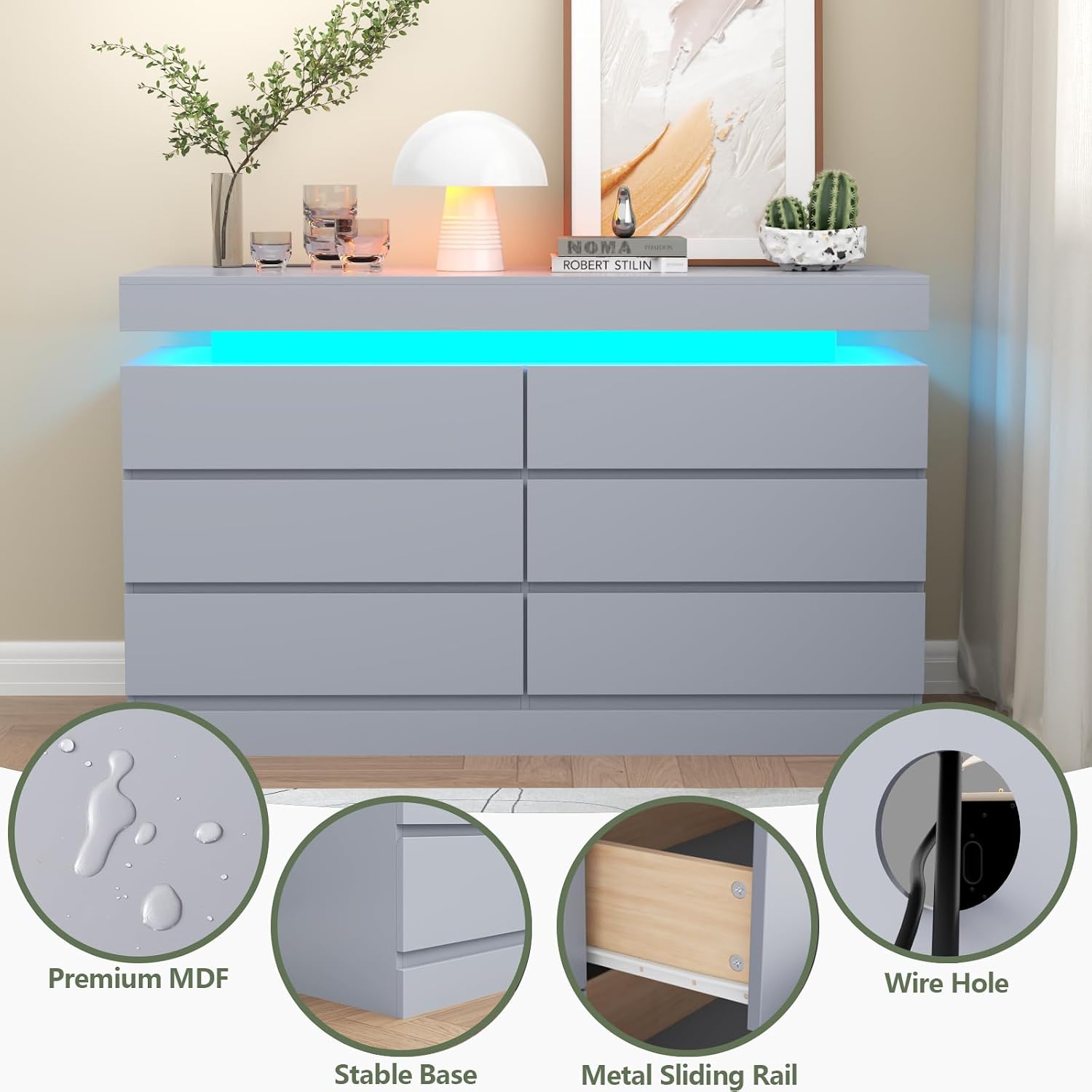 Gyfimoie 6 Drawer Dresser with Power Outlet, Dresser with LED Light, Modern Chest of Drawers for Closet, Double Wide Drawer Organizer Cabinet for Bedroom, Living Room (Grey, 6 Drawers)