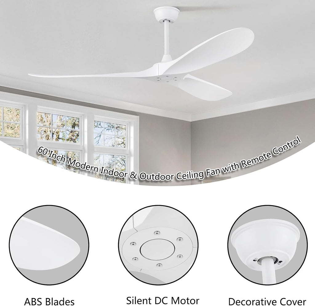 60'' Ceiling Fan No Light with Remote Control,Outdoor Ceiling Fan with DC Reversible and Silent Motor,3 Plastic Blades,Modern White Fan for Patios,Living Room,Bedroom