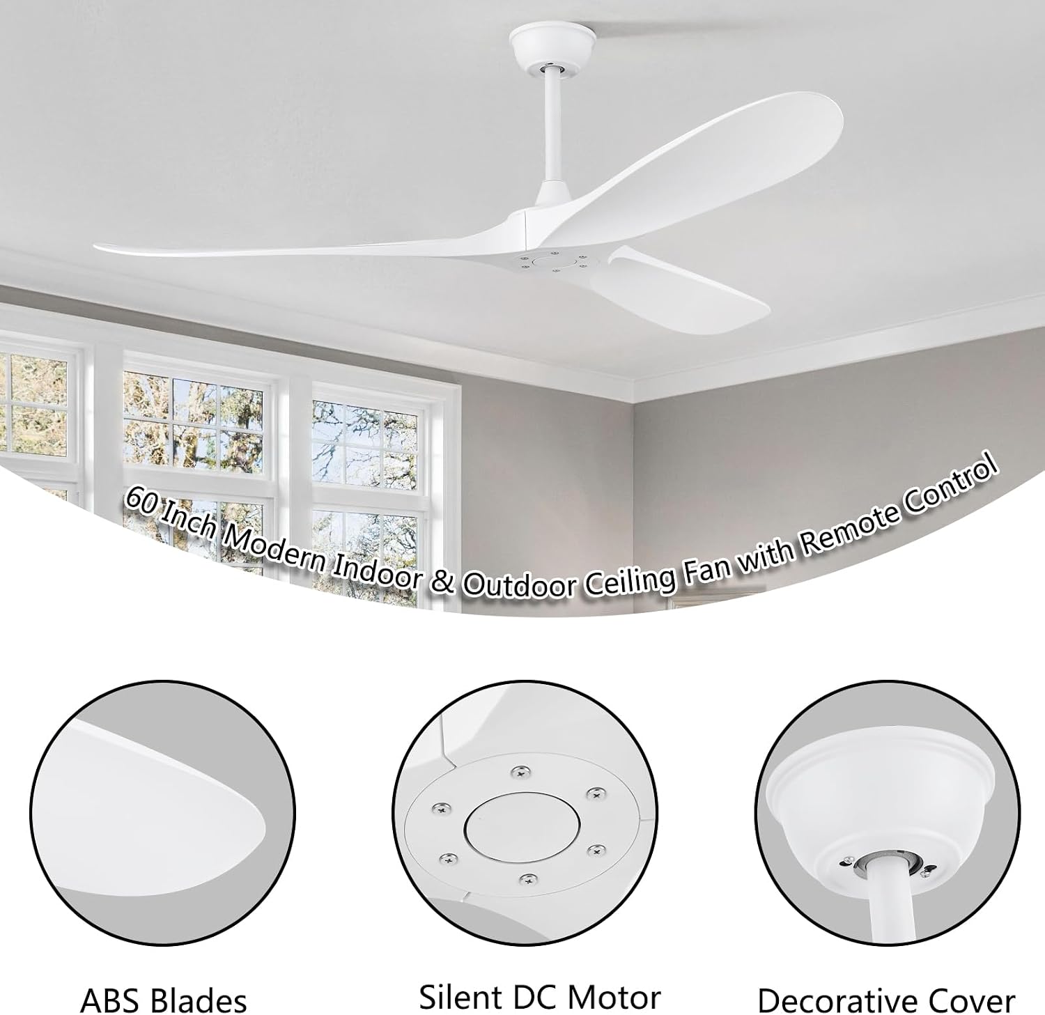 60'' Ceiling Fan No Light with Remote Control,Outdoor Ceiling Fan with DC Reversible and Silent Motor,3 Plastic Blades,Modern White Fan for Patios,Living Room,Bedroom