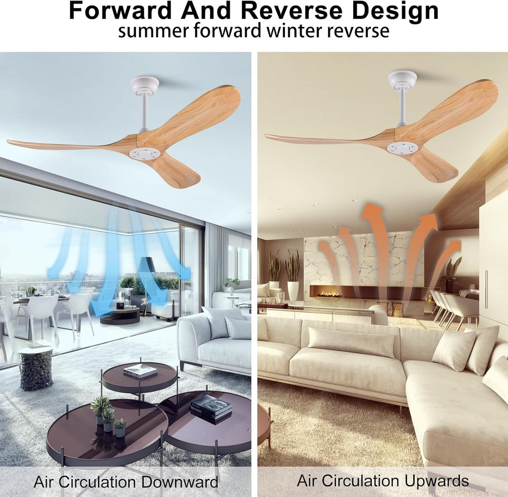 52 inch Ceiling Fan without Light, Quiet Reversible DC Motor Wood Ceiling Fan no Light, 3 Blades Modern Ceiling Fans with Remote Control for Outdoor Indoor Farmhouse Patios