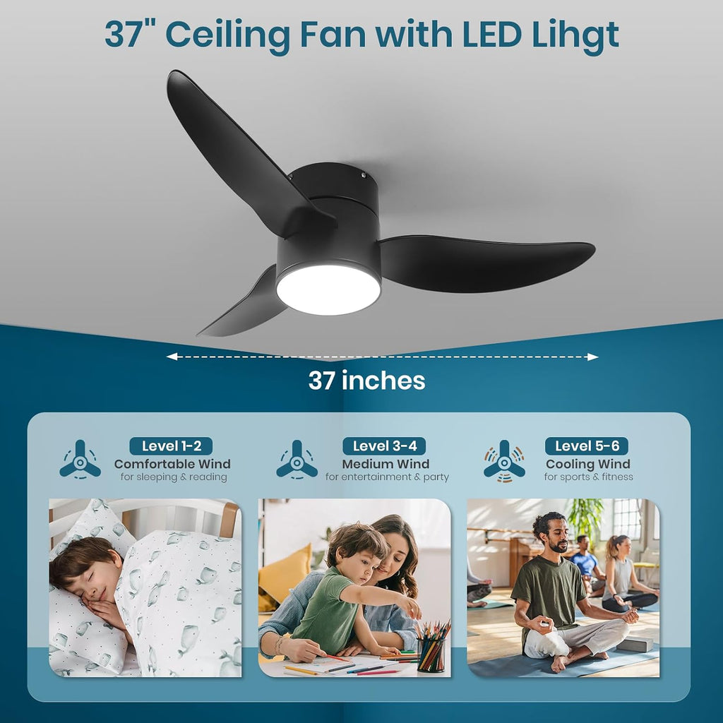 GESUM Ceiling Fan with Lights, 38' Flush Mount Ceiling Fans with Remote Control, Dimmable, 3CCT, Reversible, Black Ceiling Fans for Bedroom Kitchen Porch Patios