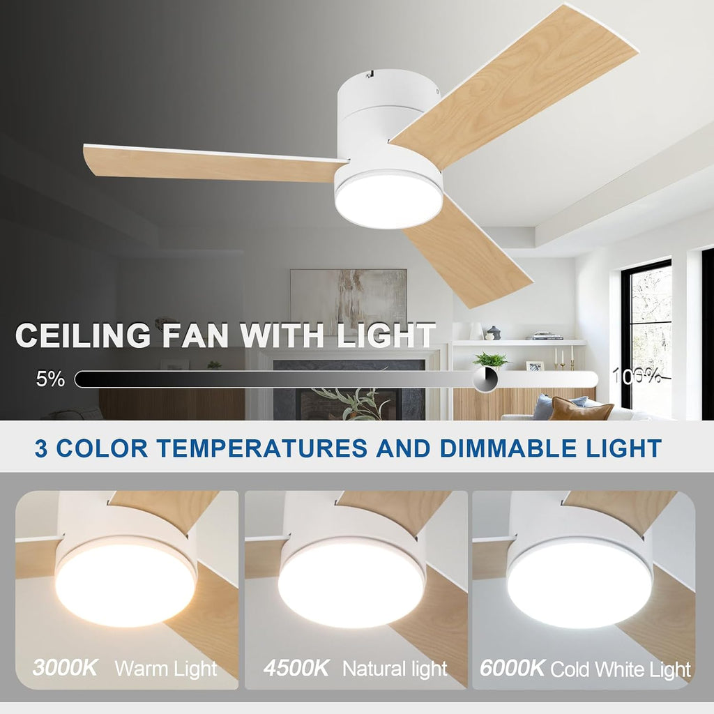 GESUM 42 Inch Ceiling Fan with Lights, Flush Mount Ceiling Fans with Remote Control, Dimmable, 3CCT, Reversible, White Outdoor Ceiling Fans for Patios Bedroom Kitchen Porch
