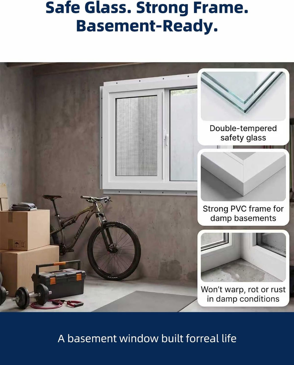 NOOTA EasyWing Basement Window 32' x 16' Double Tempered Glass, Removable Flange, Vinyl Basement Replacement Window