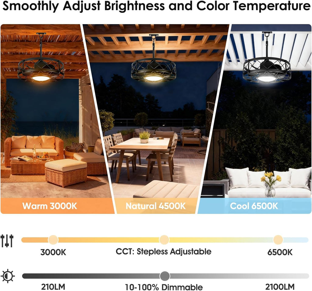 ropelux Outdoor Ceiling Fans with Light,Waterproof Ceiling Fan Light with Remote & APP Control,20 Inch Plug in Caged with Dimmable 3CCT 6-Speeds,Noiseless for Gazebo Patio Porch (Black, 20inch)