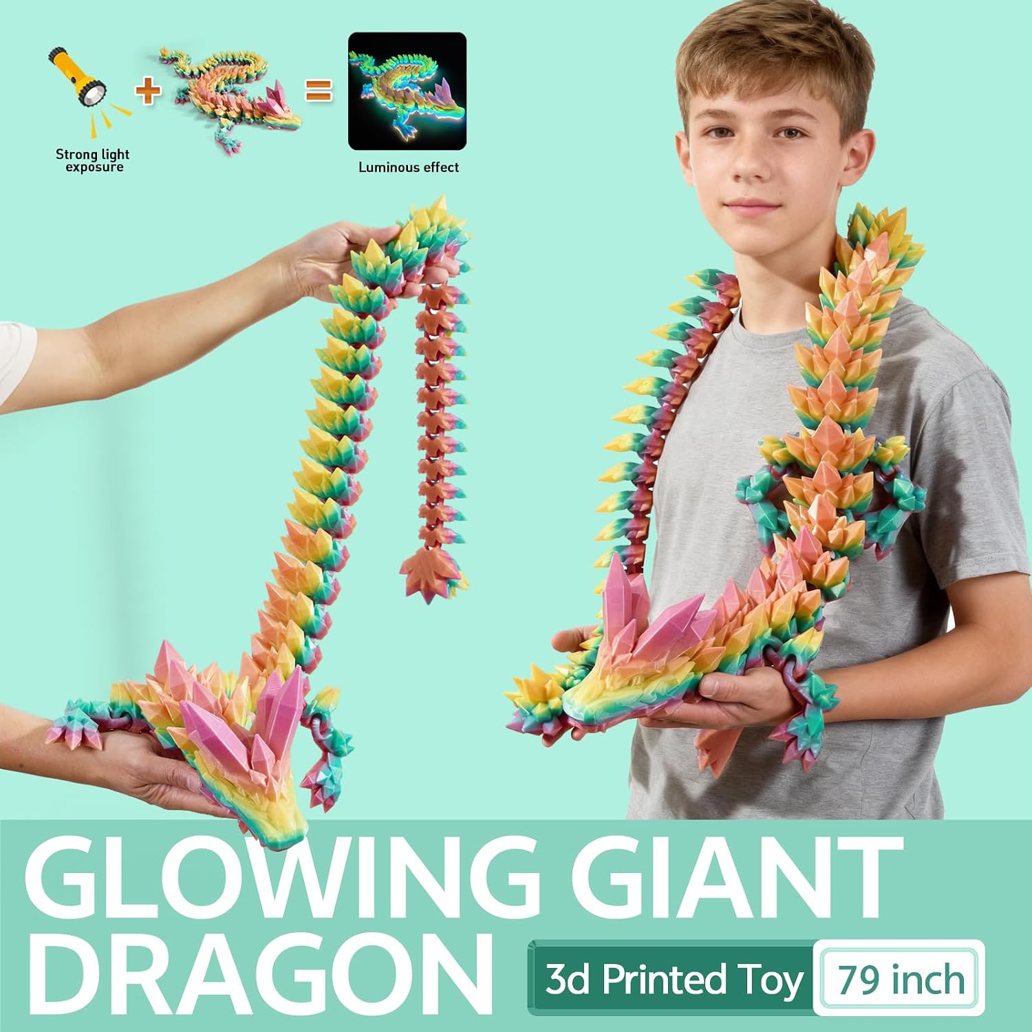 79'' Large 3D Printed Dragon Glow in The Dark,Crystal Dragon Fidget Toy,Cool Big Dragon Toy,Huge 3D Printed Dragon Gift for Girls Boys Kids Age 3-5 4-7 8-12 Years Old, Desk Decor, Collectible Gift