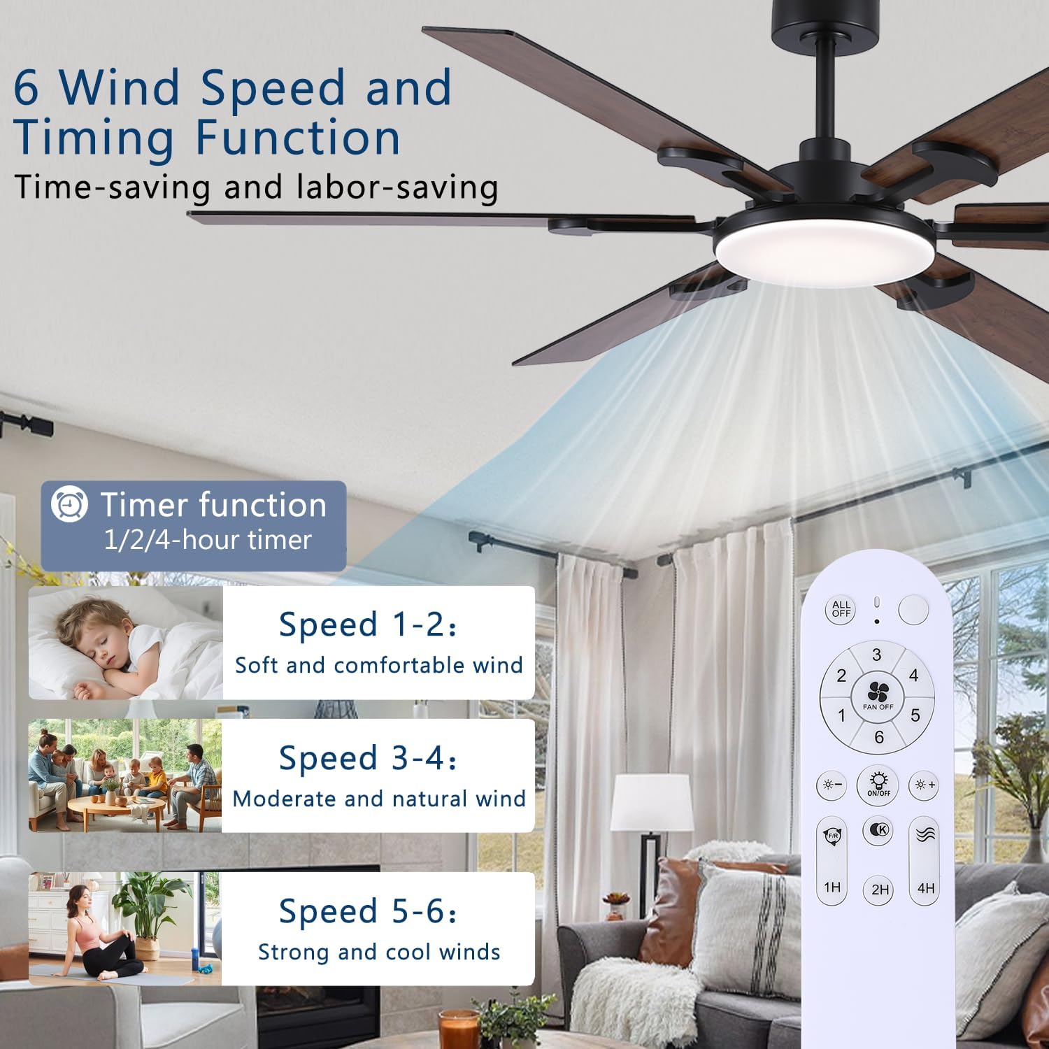 FUMLTP 66 inch Large Ceiling Fans with Lights，Brown Low Profile Ceiling Fan with light and Remote Control，3 CCT Dimmable，Quiet DC Motor，Indoor/Outdoor Ceiling Fan for Bedroom Living Room Patio,Porch.