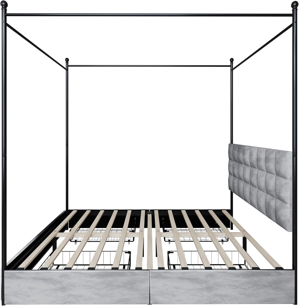 HOME DESIGN Hobart Upholstered Metal Storage Canopy Bed Full with Square-Tufted Velvet Headboard & 4 Drawers, Modern Platform Bed with Foam Padding