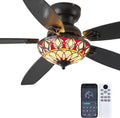 Tiffany Ceiling Fans with Lights - 52' Ceiling Fan Chandelier with 5 Dual-Blades and Glass Shade, 6 Speeds and Reversible, Indoor and Outdoor, Retro Style