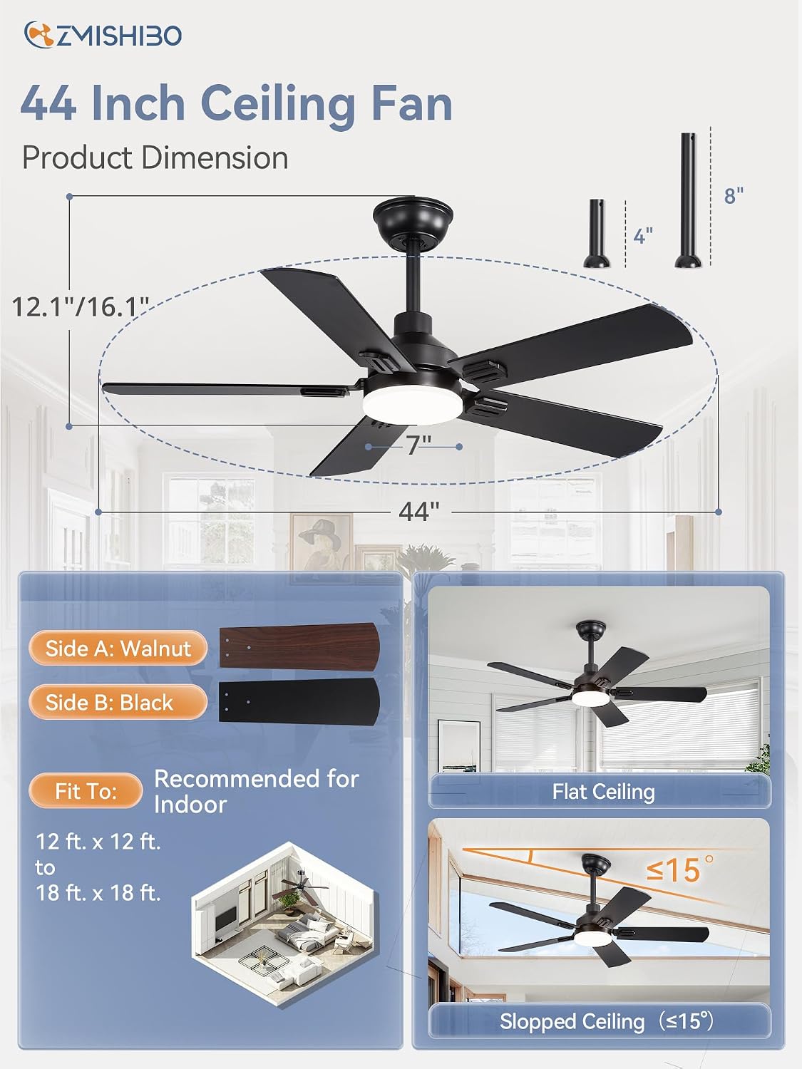 ZMISHIBO 2 Pack 44' Ceiling Fans with Lights, Black Modern Ceiling Fan with Remote, Farmhouse Indoor Ceiling Fan with Dual Finish Blades, Quiet & Strong Motor, Bright LED Light.