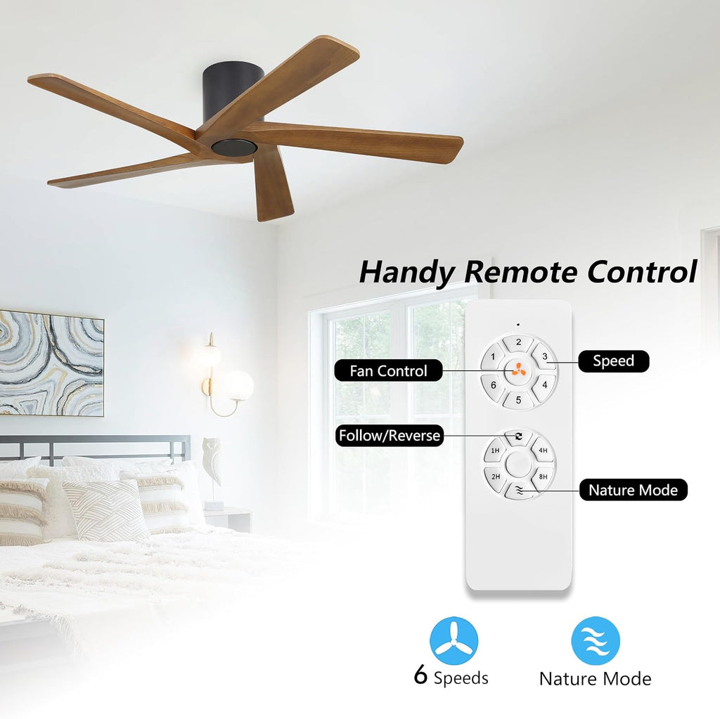 WINGBO 48 Inch Flush Mount DC Ceiling Fan without Lights, 5 Reversible Carved Wood Blades, 6-Speed Noiseless DC Motor, Hugger Ceiling Fan No Lights in Matte Black Finish with Walnut Blades, ETL Listed