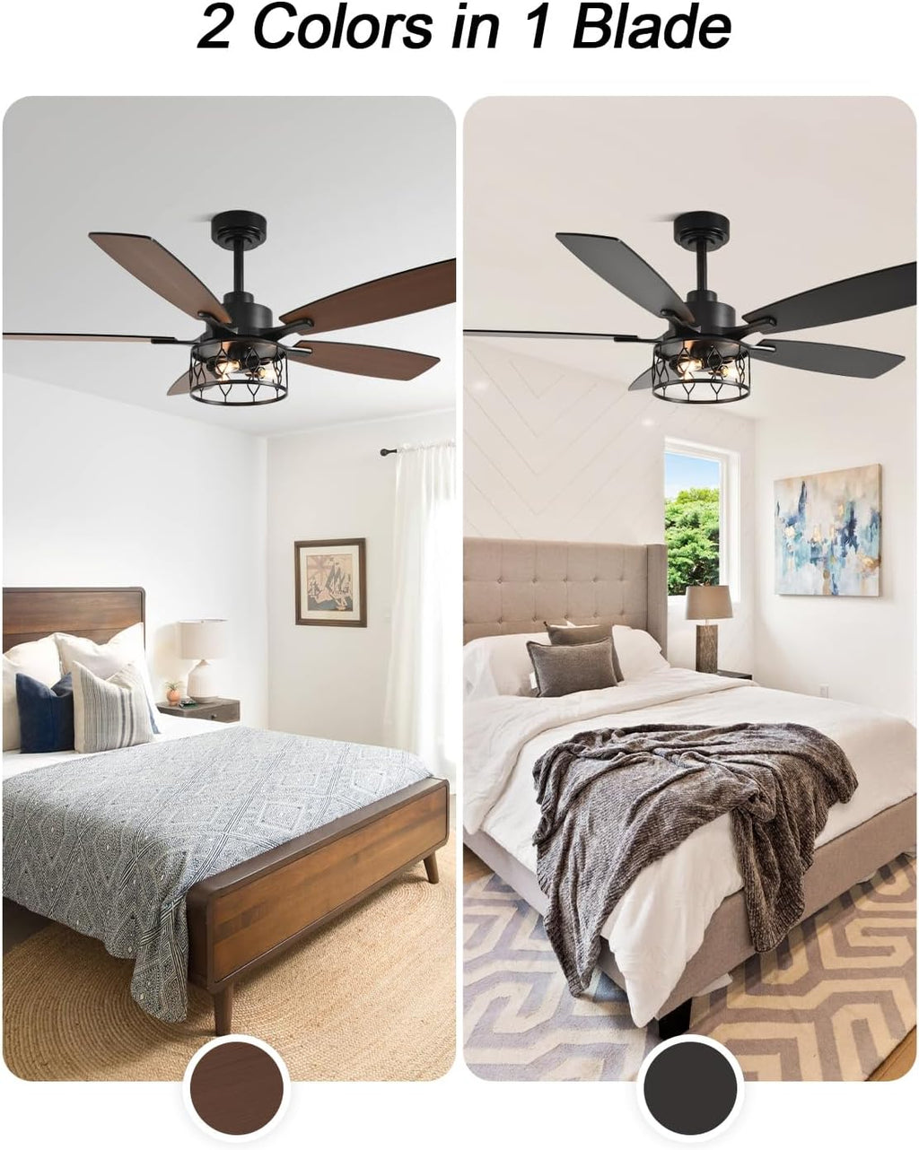 Rustic Ceiling Fan with Lights and Remote, Large Farmhouse Ceiling Fan Caged Fandelier Chandelier, Reversible Quiet DC Motor 6 Speeds for Living Room (Black Cage, 52 Inch)