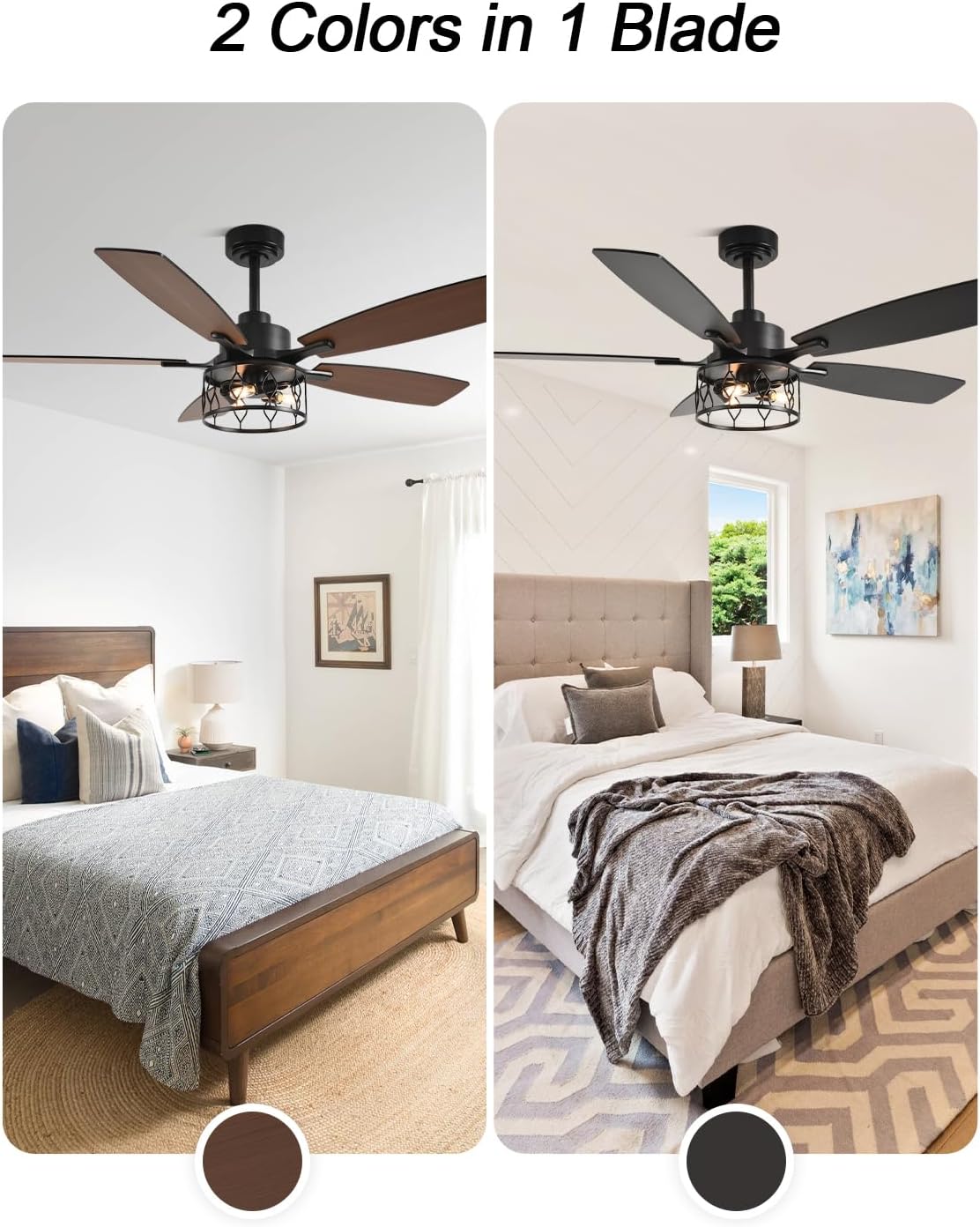 Rustic Ceiling Fan with Lights and Remote, Large Farmhouse Ceiling Fan Caged Fandelier Chandelier, Reversible Quiet DC Motor 6 Speeds for Living Room (Black Cage, 52 Inch)