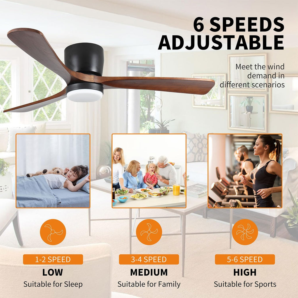 Ceiling Fan with Light 42 Inch, Flush Mount Low Profile Fan with Remote & App, Quiet DC Motor, 6 Speeds, Reversible Modern Fan for Bedroom Living Room Patio, Black dark Walnut