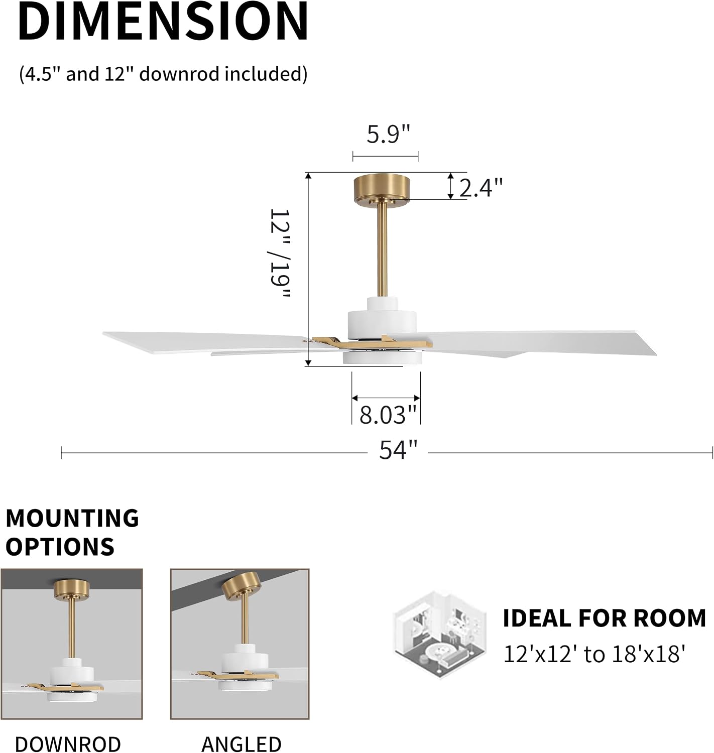 WINGBO 54 Inch Ceiling Fan with Light and Remote, 4 Plywood Blades, 6-Speed Reversible DC Motor, Dimmable, 3CCT, Farmhouse Ceiling Fan for Bedroom Living Room Kitchen, Brass and White