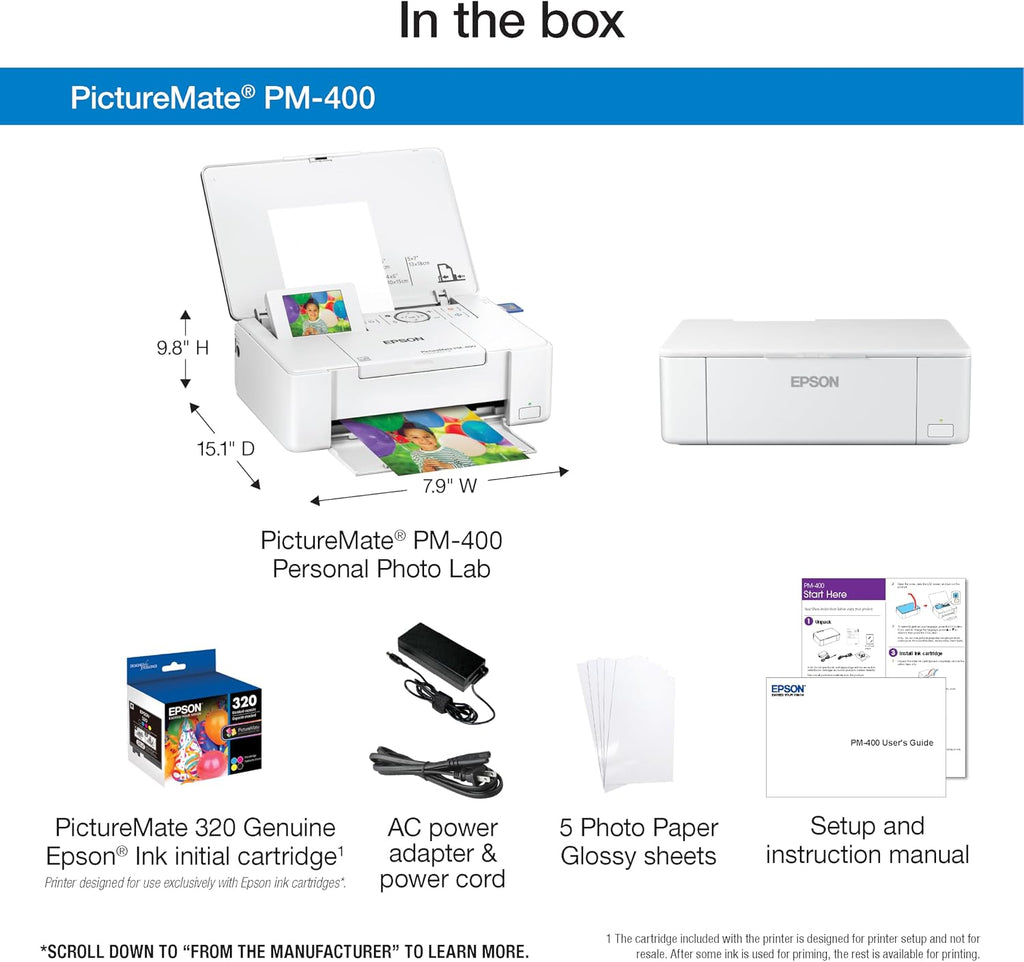 Epson PictureMate PM-400 Wireless Compact Color Photo Printer, white