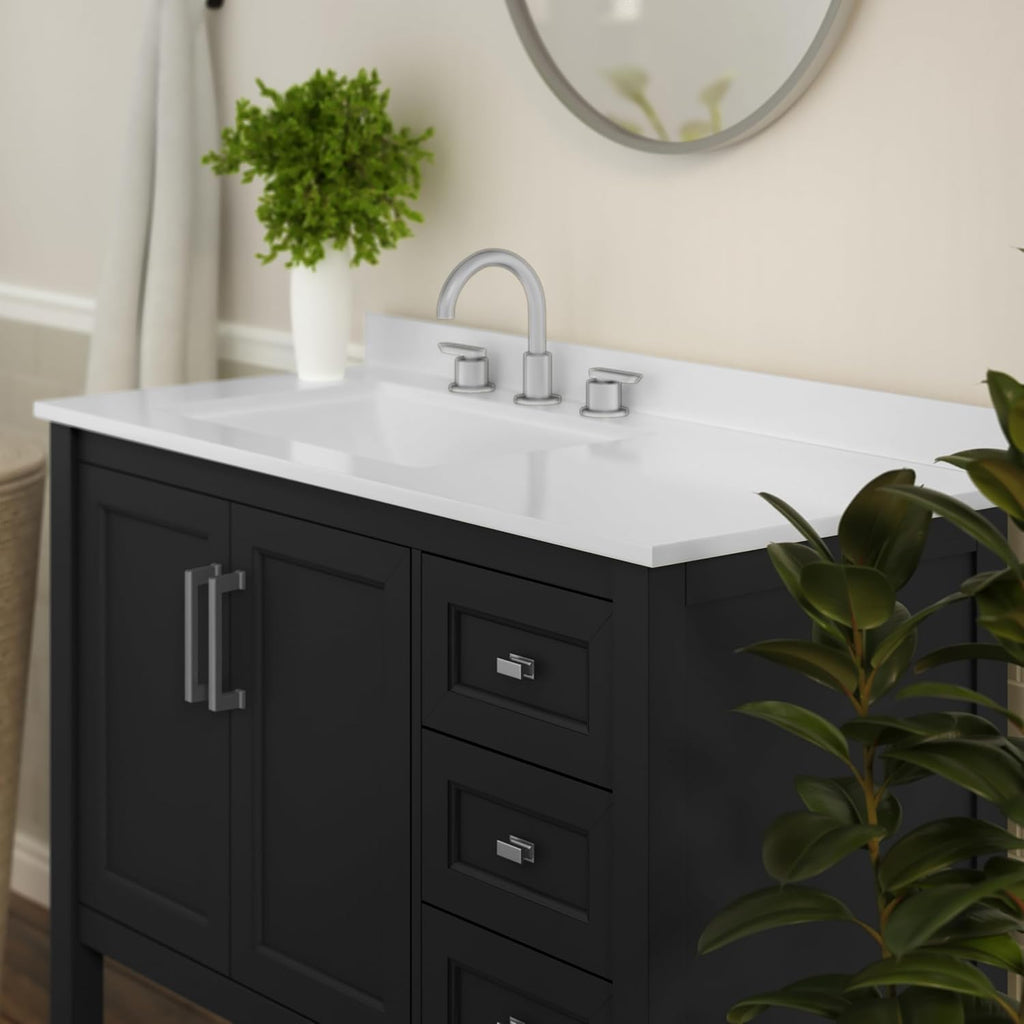 Flash Furniture Vega 42 Inch Bathroom Vanity with Sink, Storage Cabinet with Soft Close Doors, Open Shelf and 3 Drawers, Carrara Marble Finish Countertop, Black