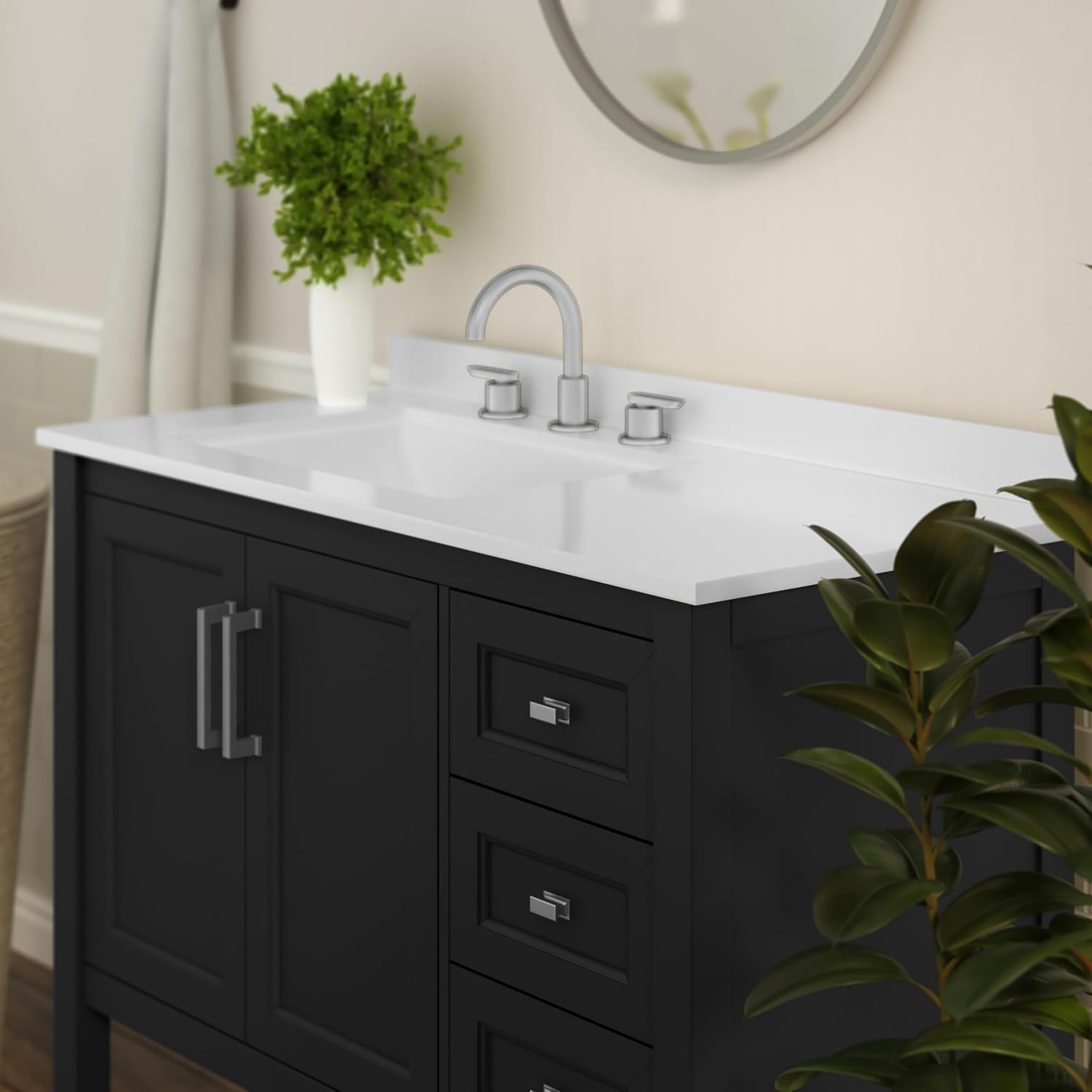Flash Furniture Vega 42 Inch Bathroom Vanity with Sink, Storage Cabinet with Soft Close Doors, Open Shelf and 3 Drawers, Carrara Marble Finish Countertop, Black