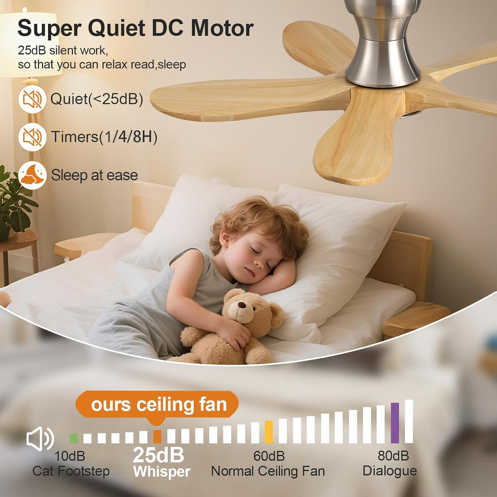36 Inch Wood Flush Mount Ceiling Fans with Lights and Remote, Dimmable 5 Blade Wood Bedroom Ceiling Fan Outdoor Ceiling Fans for Patios Low Profile Ceiling Fan with Light for Bedroom Indoor