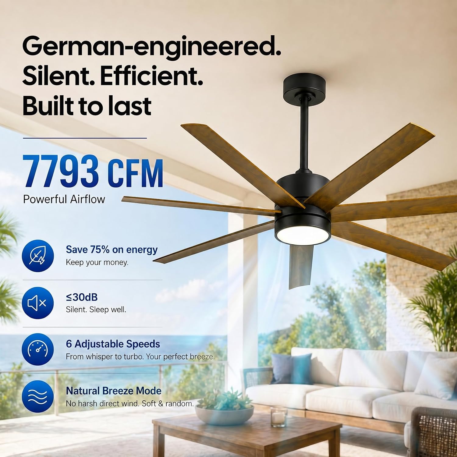 56 Inch Wet Rated Outdoor Ceiling Fan with Light, Waterproof All Weather 7 Brown Blades, Smart App/Voice/Remote Control, High CFM Quiet DC Motor & UV Coating, for Exterior Patios, Gazebo Porch Pergola