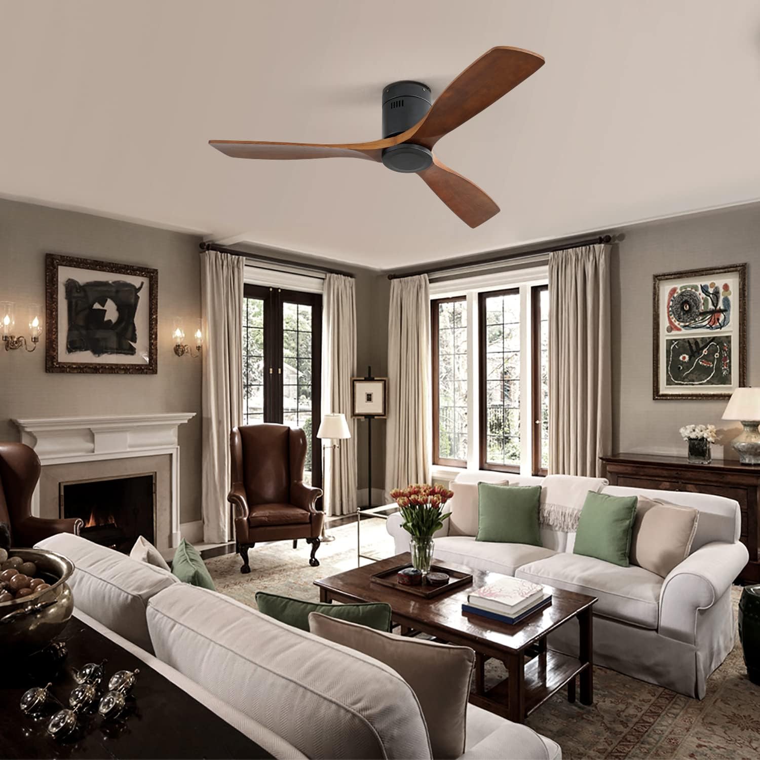 52 Inch Ceiling Fan, Ceiling Fan Without Light, Solid Wood Blades, 3 Fan, Remote Control, Reversible DC Motor, 6 Speeds, Wooden Flush Mount Fan For Bedroom, Covered Patio
