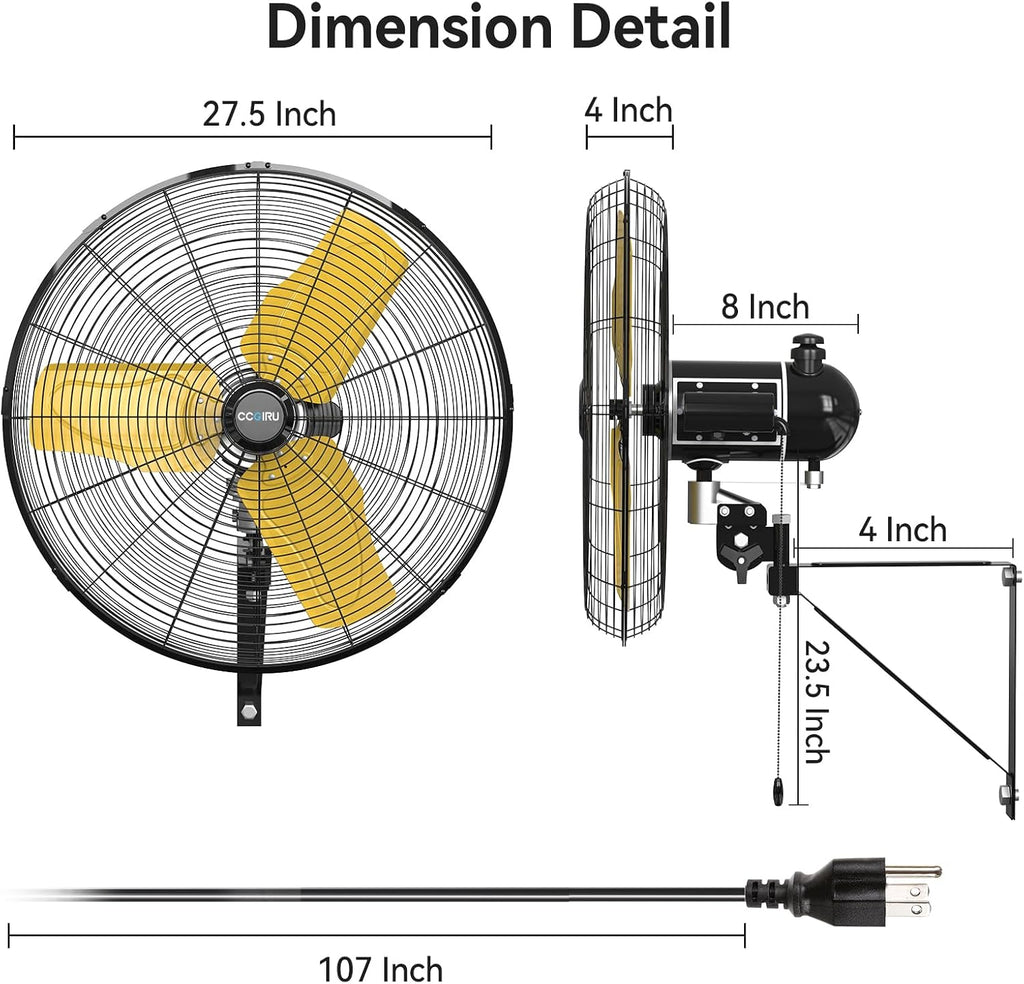 CCGIRU 8800 CFM 26' Outdoor Commercial Wall Fan Oscillating, IP44 Waterproof Wall Mount Fan, Heavy Duty, 3 Speed, Adjustable Tilt for Factory, Warehouse, Garage, ETL Listed